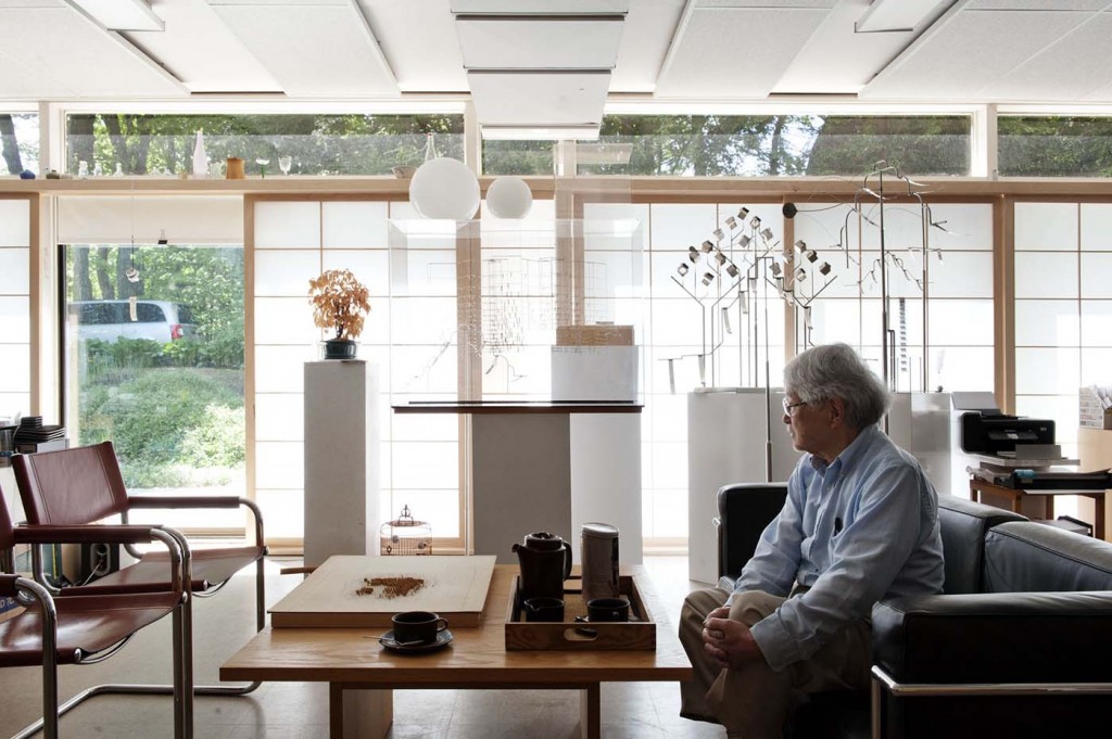 Michio Ihara's sitting room is lined with shoji screens and maquettes of his work. Photograph by Emily Andrews. 