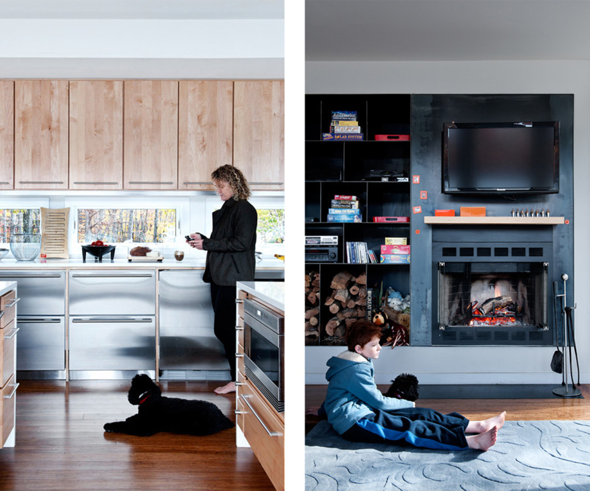 Gibbs (pictured with Max the poodle) admits it's difficult to design a kitchen "with no walls" without compromising essentials such as fridges, but the open and airy space is now her favourite in the house (left). The fireplace in the living room (right).