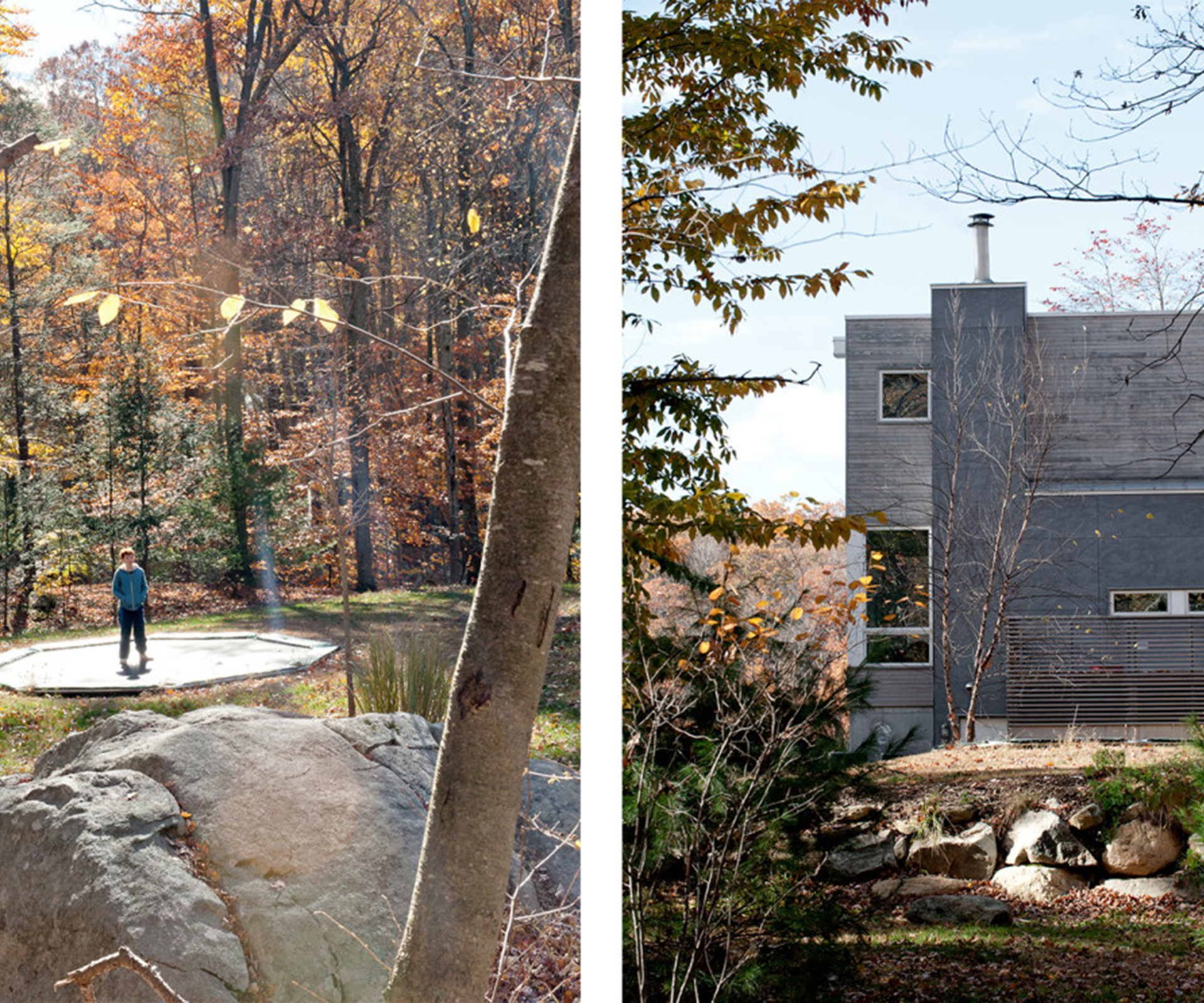 Blake's in-ground trampoline (left) is a novelty for Americans, who tend to surround theirs with safety nets. The prefab house (right) was built in four pieces in a factory before being sent to the site. 