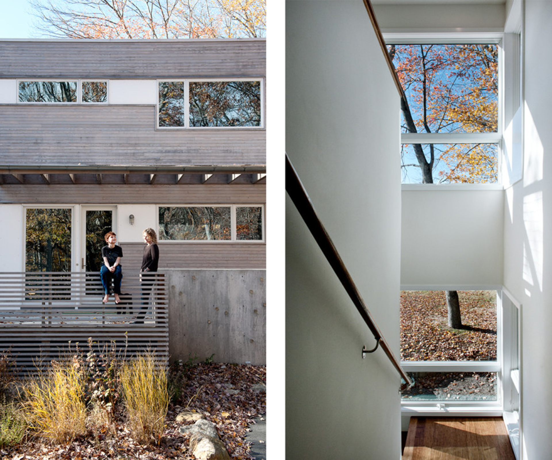 Debbi Gibbs and her son Blake on the deck of their weekend home (left), a prefab design by Resolution: 4 Architecture. Crisp, white interiors (right) in the stairwell direct the eye to the outdoors.