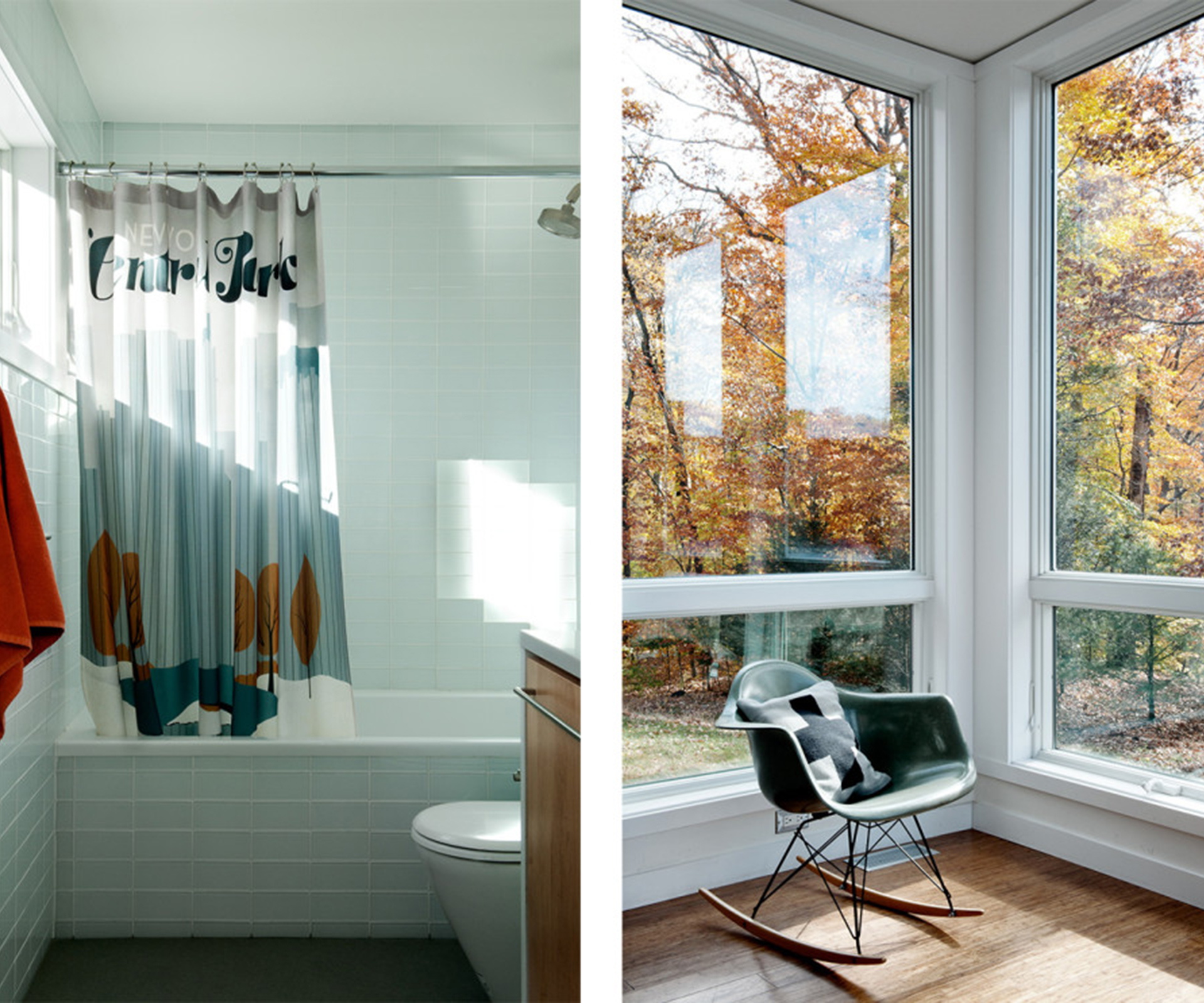 The bathroom (left) was kept simple, with clear glass tiles installed throughout. Surrounded by glass, a corner spot (right) is simply furnished with an Eames chair.