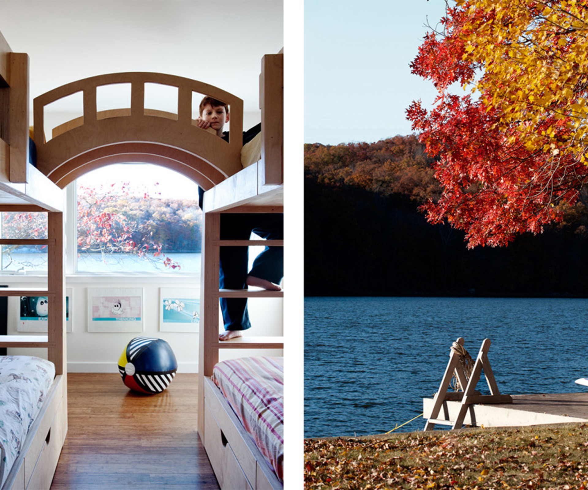 Blake in the bunkroom (left). The home is positioned on the edge of Lake Iosco, linked to New Jersey's Wanaque Reservoir and just 45 minutes by car from Manhattan. The reservoir outflow can be controlled, meaning there is no risk of flooding (right).