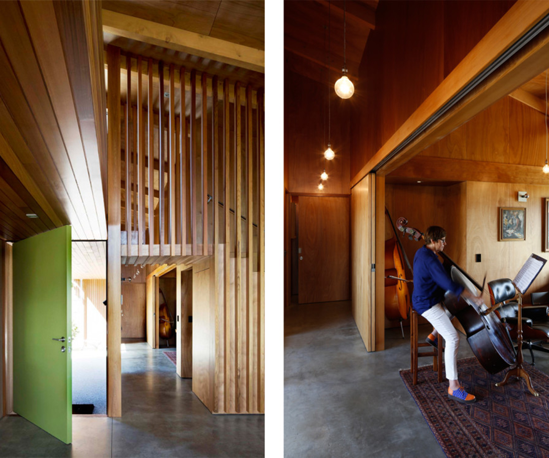 The home's entry (left) opens into a double-height living space. The hall (right) leads to the main bedroom past a living area where Kate Lovell practices her double bass.