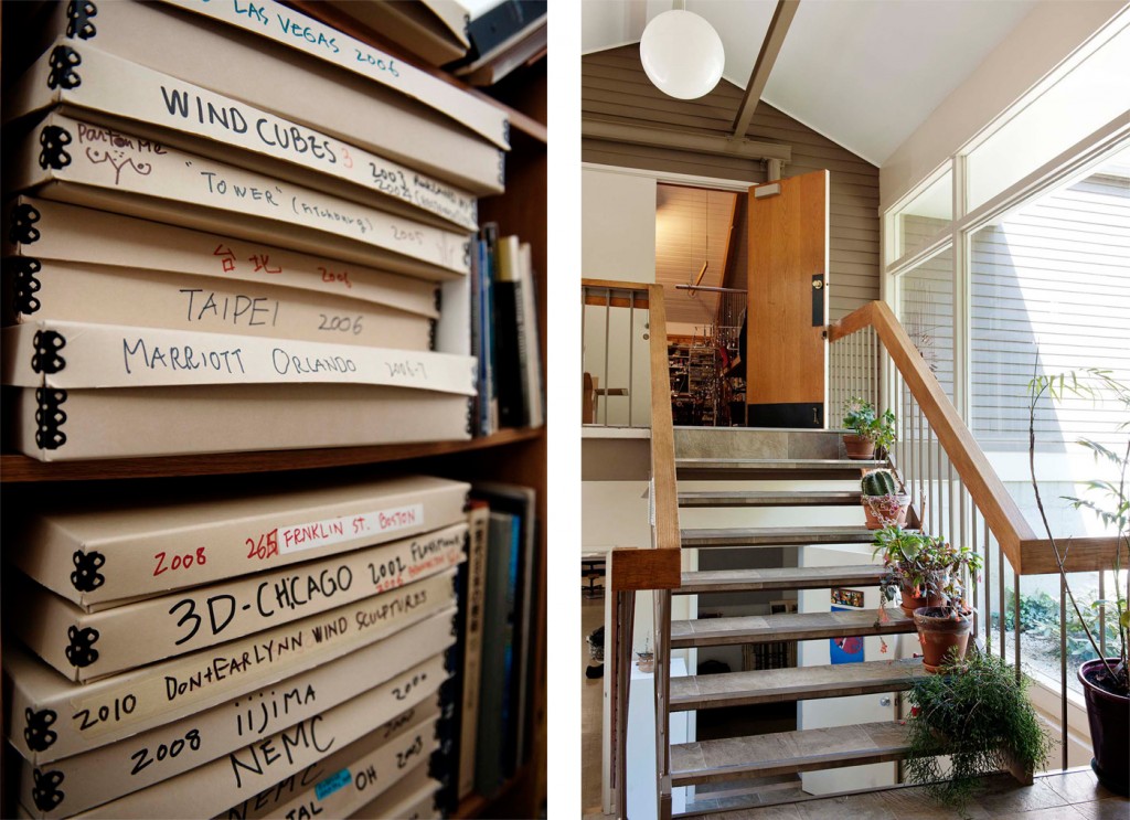 Files on commissions in Ihara's studio (left) and the stairs leading to the studio from the home (right). Photographs by Emily Andrews. 