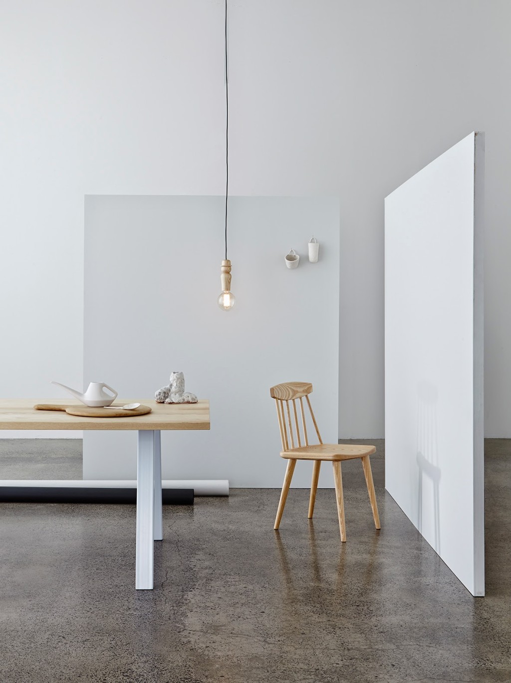'Bowler' light, 'Splay' table and 'Nordic' chair by Timothy John for Paper Plane. Photograph by Toaki Okano. 