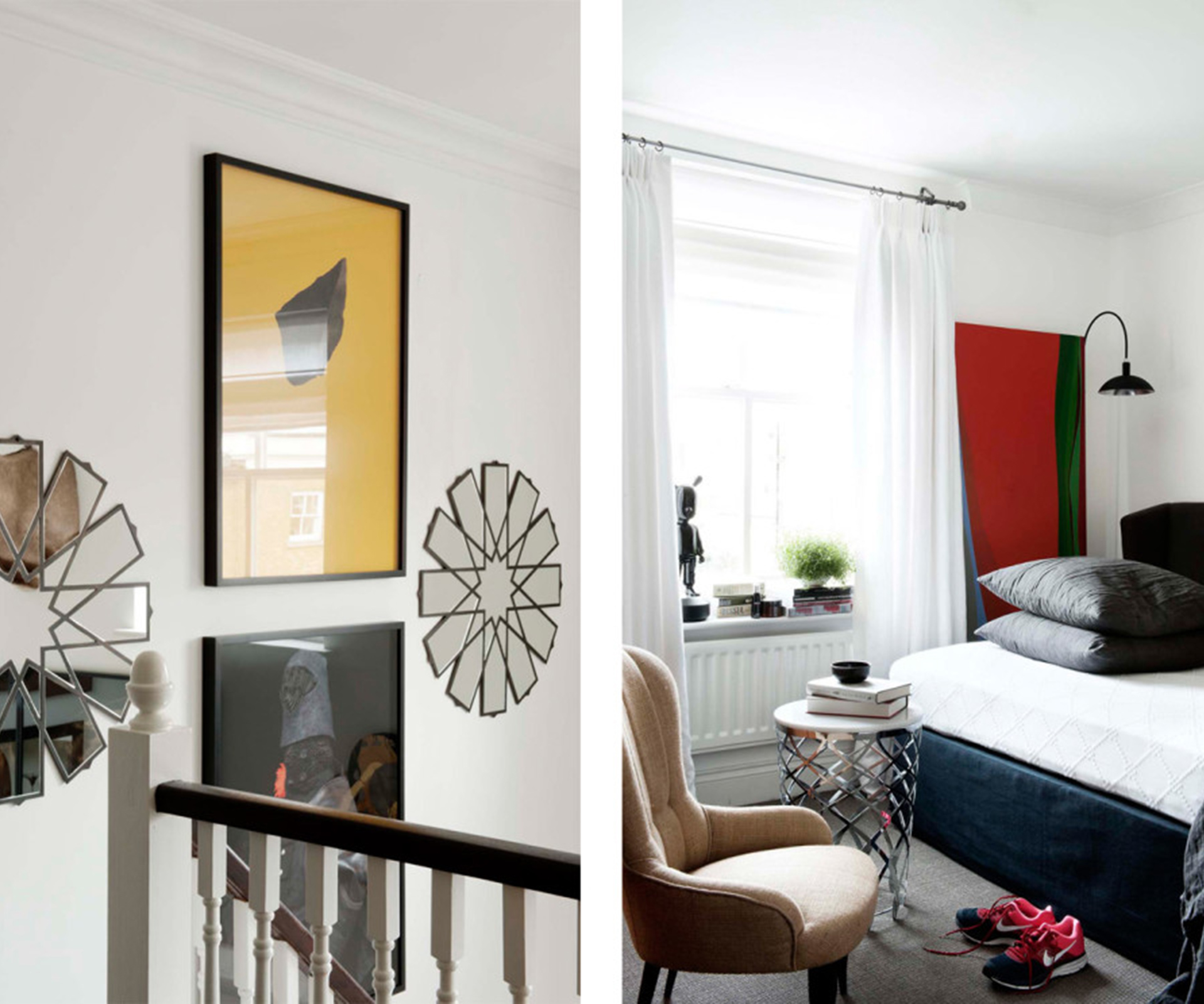 The flat's mezzanine level (left) has a view of artworks by Edwards + Johann, flanked by mirrors of Hall's own design. The vertical artwork in the bedroom (right) is unsigned from the 1960s and was a gift from Leslie Walford. The table is one of Hall's own designs.