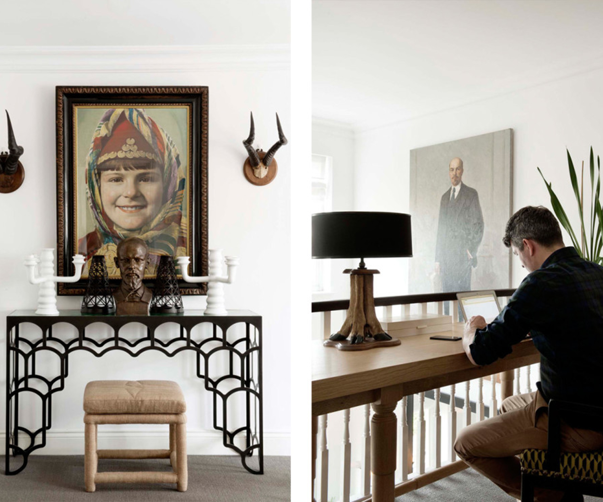 A hand-painted black-and-white photograph (left) sits above a table, candle holders and stool all by Christopher Hall. On the flat's mezzanine floor (right) Hall works at a table of his own design. The life-size vintage portrait of Lenin is by an unknown artist. 