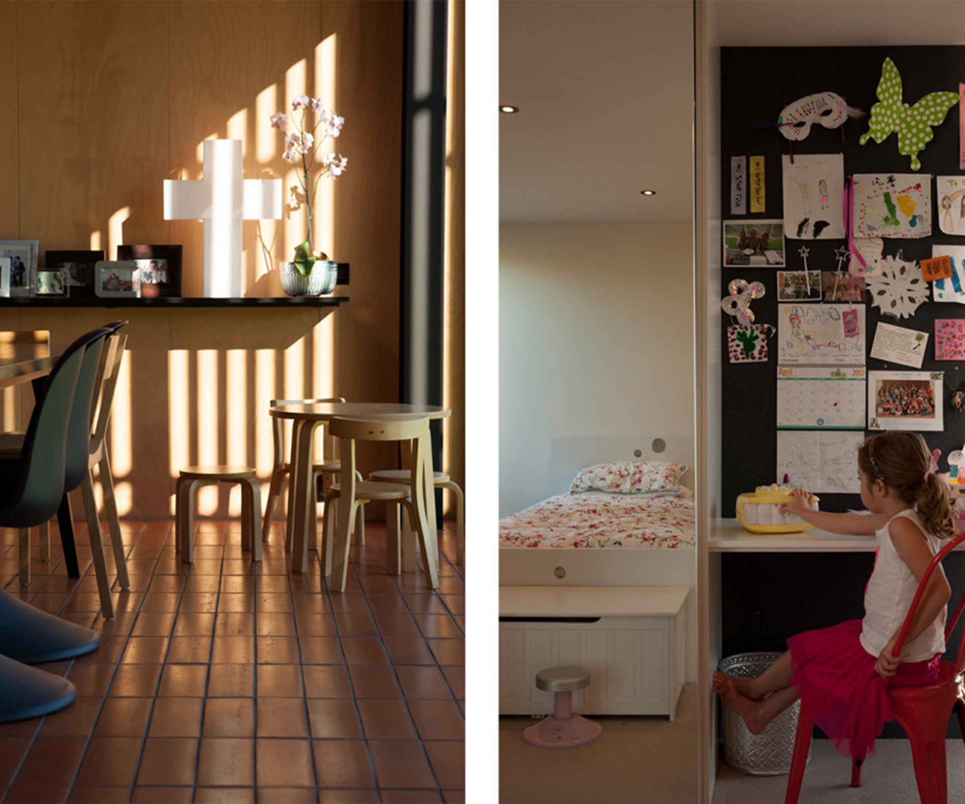 With a young family to consider, the owners wanted robust materials, which they got in ply, concrete block, steel and hand-made terracotta flooring from Middle Earth Tiles (left). A built-in desk in one of the girls' bedrooms (right).
