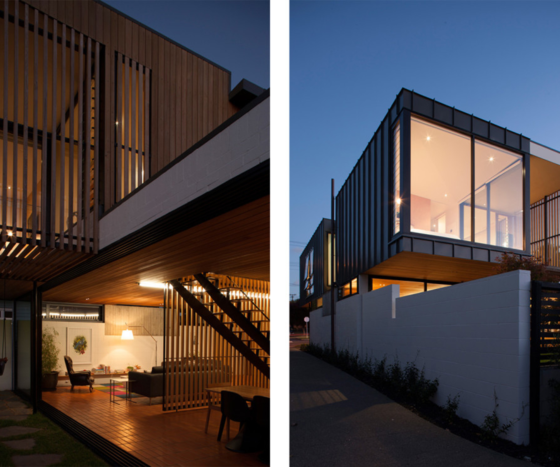 The main living areas of this Auckland family home (left) are located downstairs and open onto a grassy courtyard. The home is designed to sit hard against the driveway of the neighbouring property, while carefully directing views to the lawn outside and, from the upper floor, the harbou­r beyond (right). 