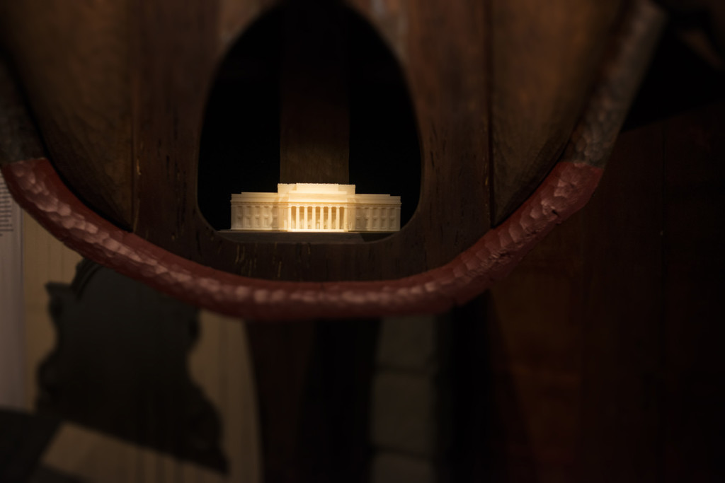 In a nifty bit of reverse colonialism, a model of the Auckland War Memorial Museum was placed within the whatarangi, an inversion of the wharenui that is housed inside the actual museum. Photograph by John Gollings. 
