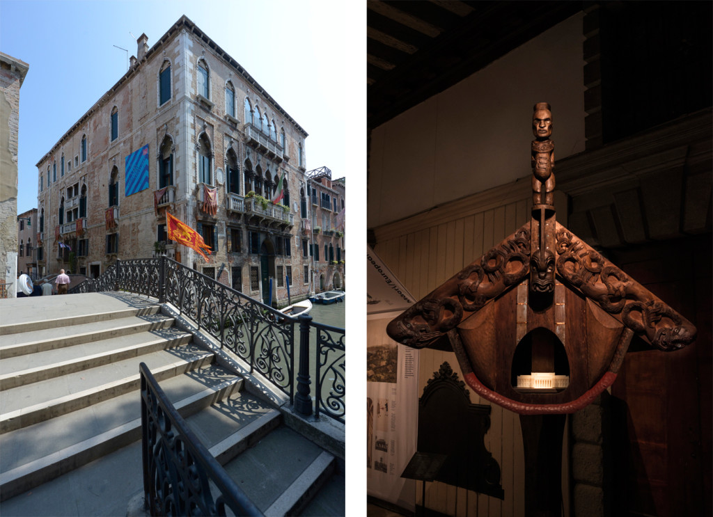 Palazzo Pisani, the site of the New Zealand exhibition at the Venice Architecture Biennale (left), and the whatarangi inside the New Zealand exhibition, with a small model of the Auckland War Memorial Museum inside it (right). Photographs by John Gollings. 