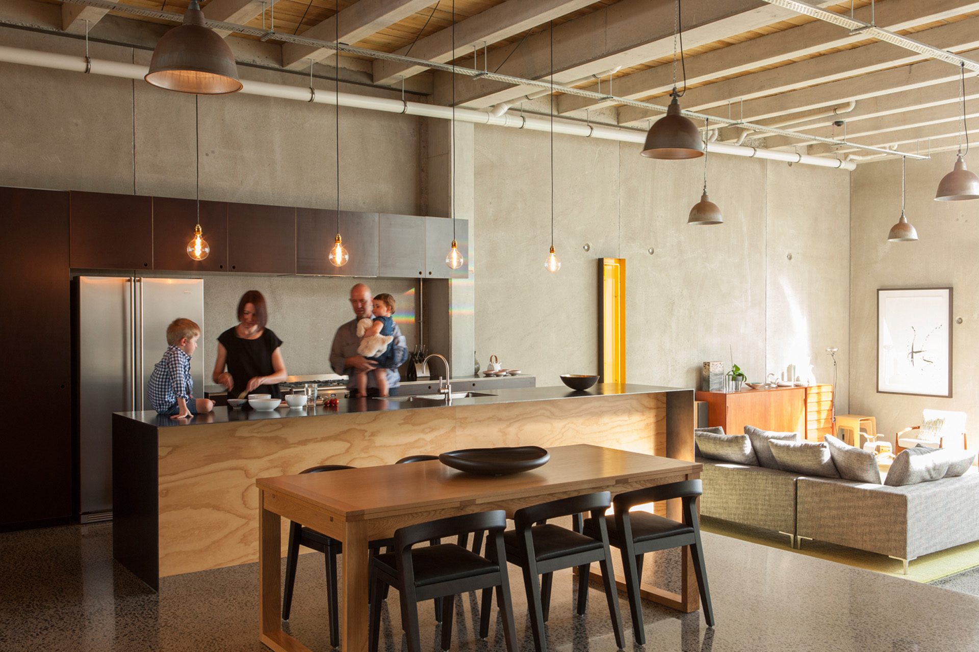 The home's open-plan kitchen, dining and living area. 