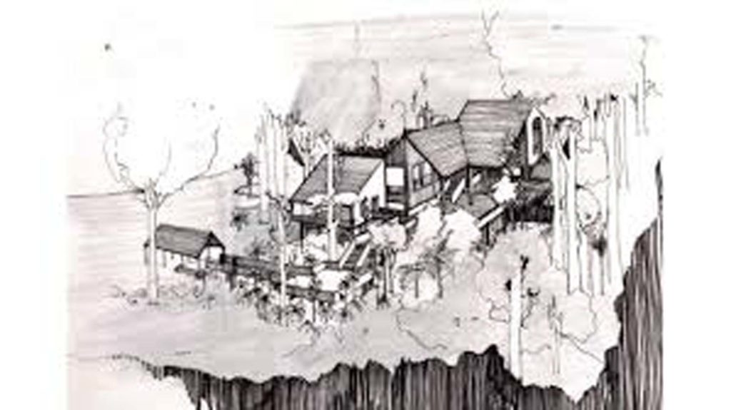 A concept sketch for Aniwaniwa, the Lake Waikaremoana Visitor Centre by John Scott.