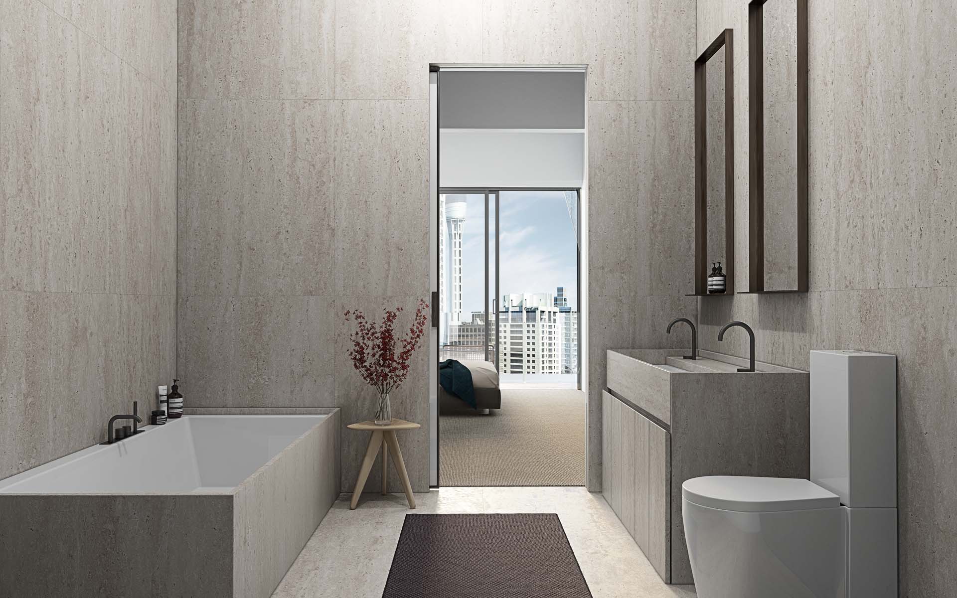 A rendering of one of The International's beautiful bathrooms, designed by interior designer Rufus Knight. 