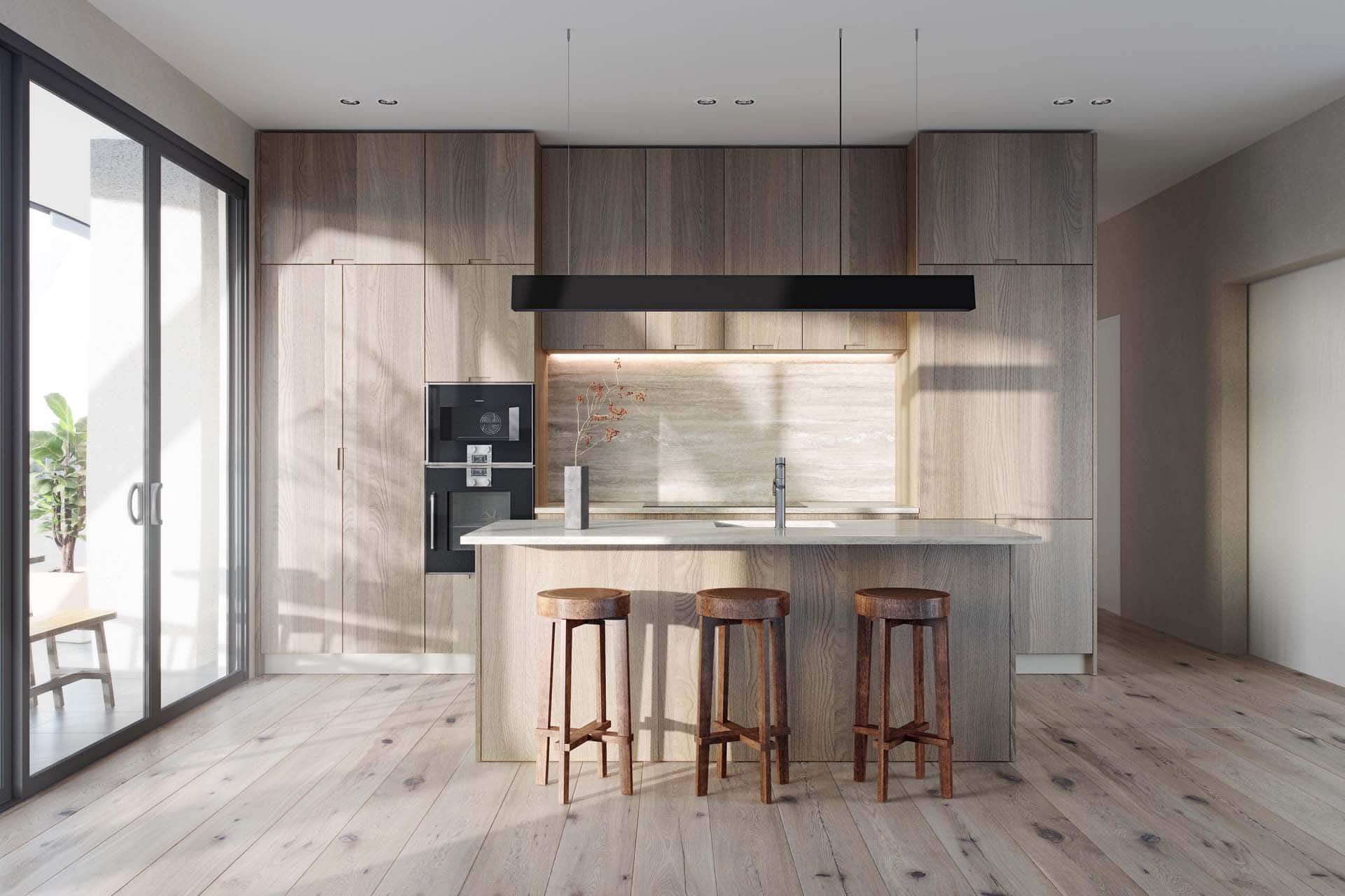 Interior designer Rufus Knight is bringing a neutral palette of luxurious natural materials, as well as premium kitchens and bathrooms by Italian specialists Boffi. 